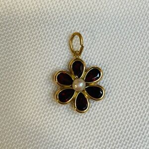 Vintage 14k Yellow Gold Red Garnet Pearl Flower Charm Pendant